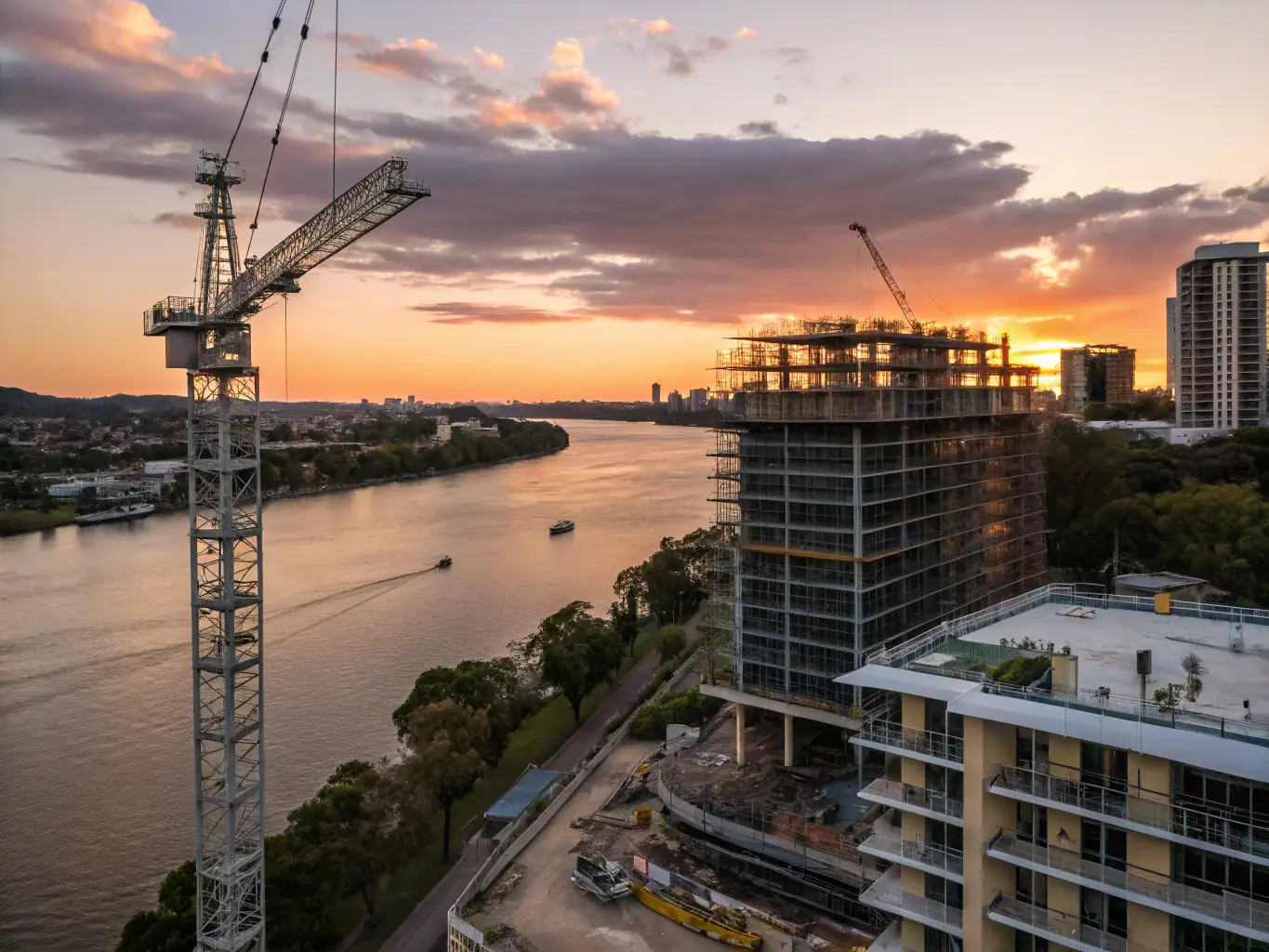 A modern apartment building under construction with a view of the Brisbane River, showcasing the potential for waterfront living and investment.