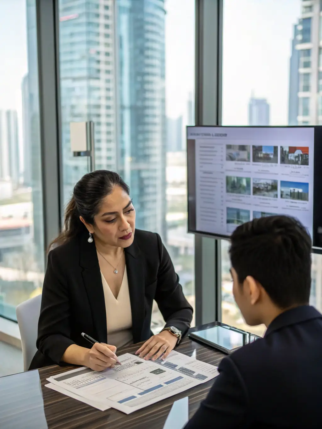 An image of a professional advisor discussing property options with a client over a digital tablet, set against a backdrop of Brisbane cityscape.