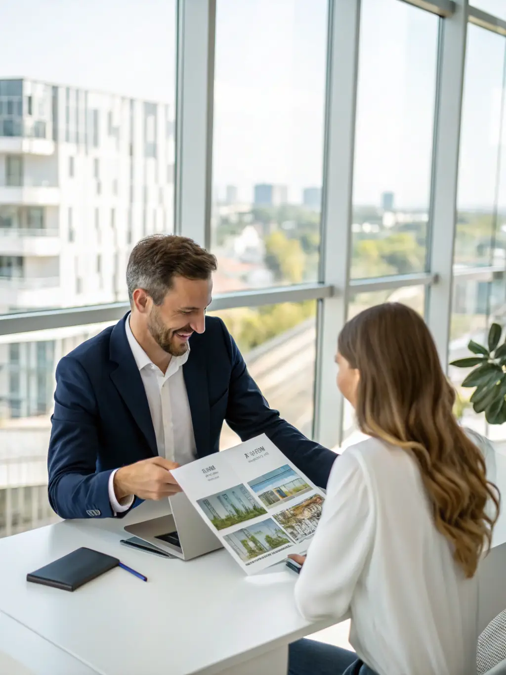 A professional consultant advising a client in a modern office setting, reviewing property investment documents and discussing potential off-the-plan opportunities in South East Queensland.