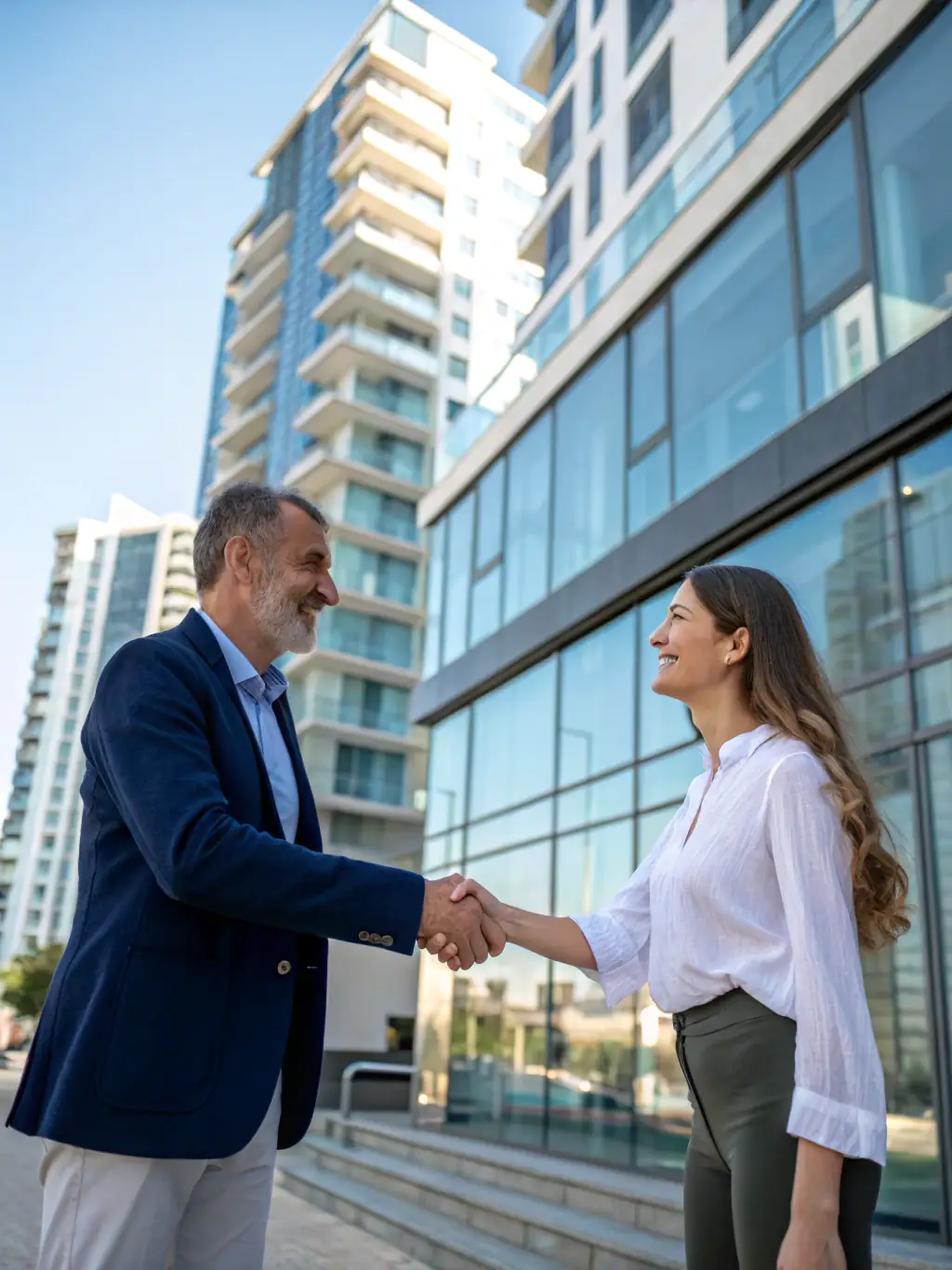 A satisfied investor shaking hands with a property consultant in front of a newly completed off-the-plan property in Queensland.